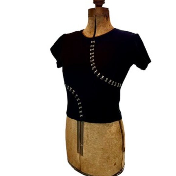 Rare With Jean Black Short Sleeve Hook-and-Eye Crop Top Small Y2K Streetwear - Picture 2 of 11